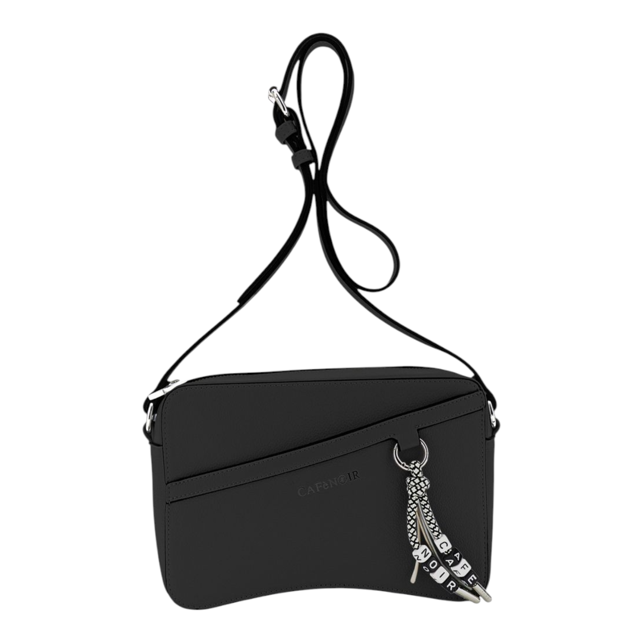 CAMERA BAG EFFETTO PELLE GRANOSA E CHARM COLORATO LOGATO NERO