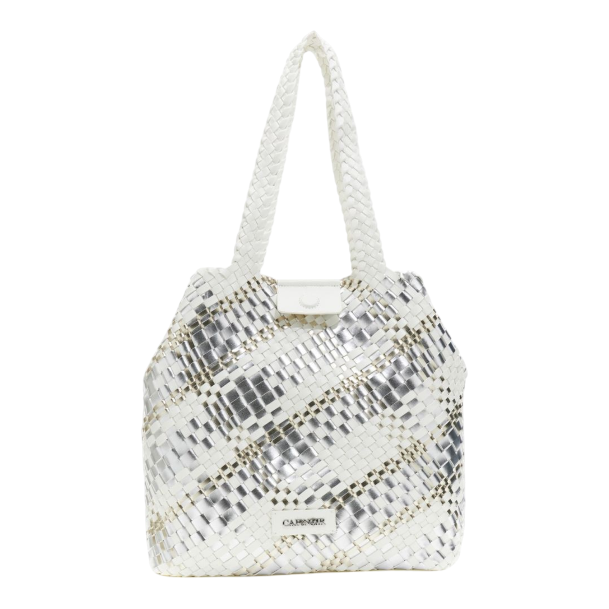SHOPPING BAG REVERSIBILE INTRECCIATA IN MATERIALE METALLIZZATO MULTICOLOR ARGENTO /BIANCO