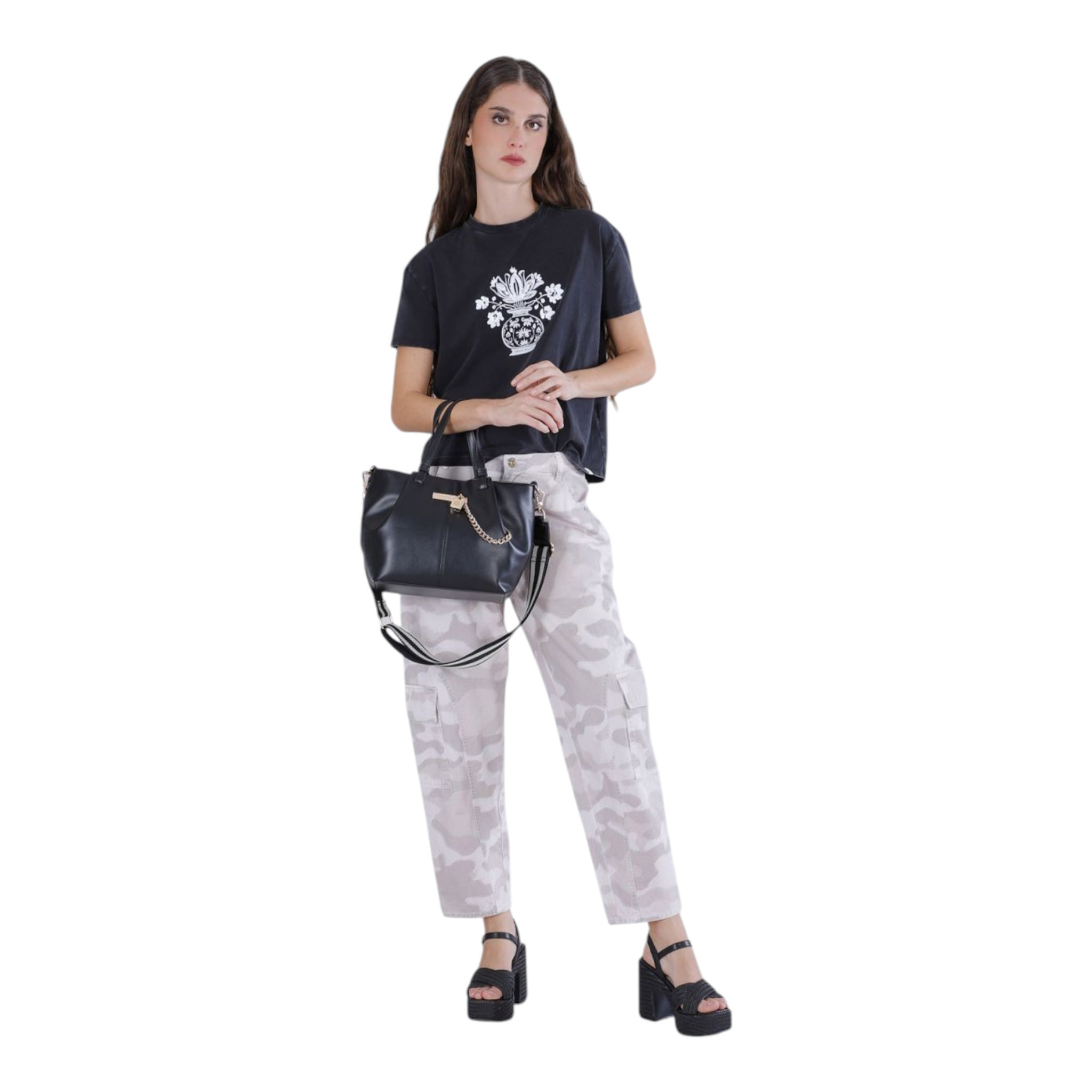 SHOPPING BAG EFFETTO PELLE ACCESSORIO IN METALLO CON LUCCHETTO E CATENA NERO