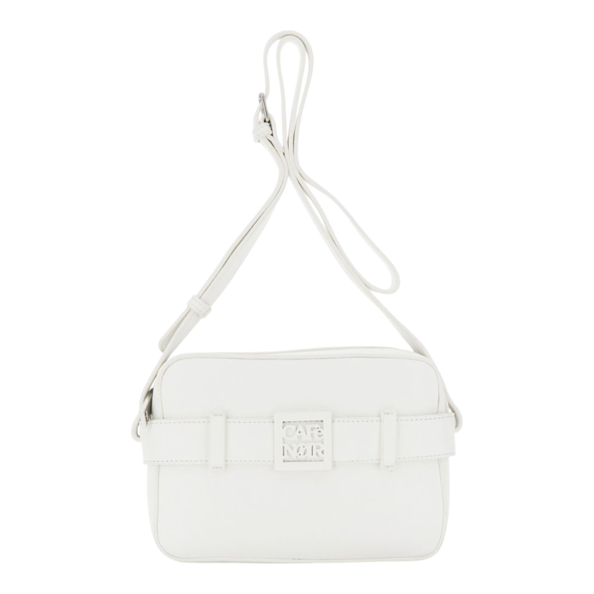 CAMERA BAG EFFETTO PELLE MARTELLATA E MOTIVO A CINTURA CON ACCESSORIO LOGATO AVORIO