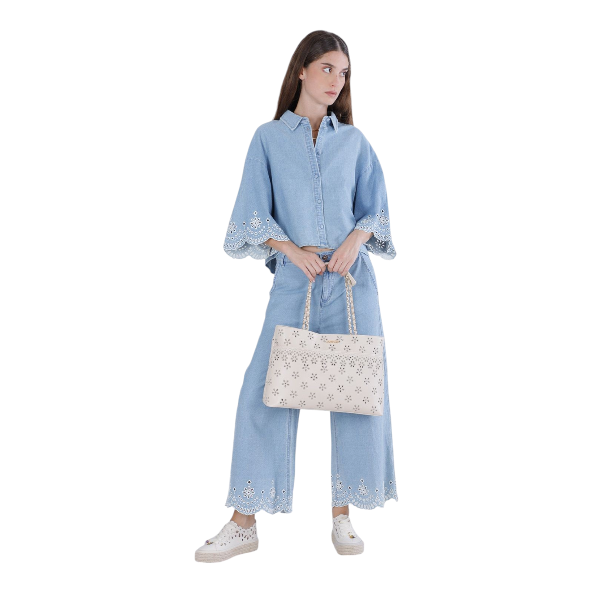 SHOPPING BAG MORBIDA EFFETTO NAPPA CON RICAMO SANGALLO E TASCA FRONTALE BEIGE