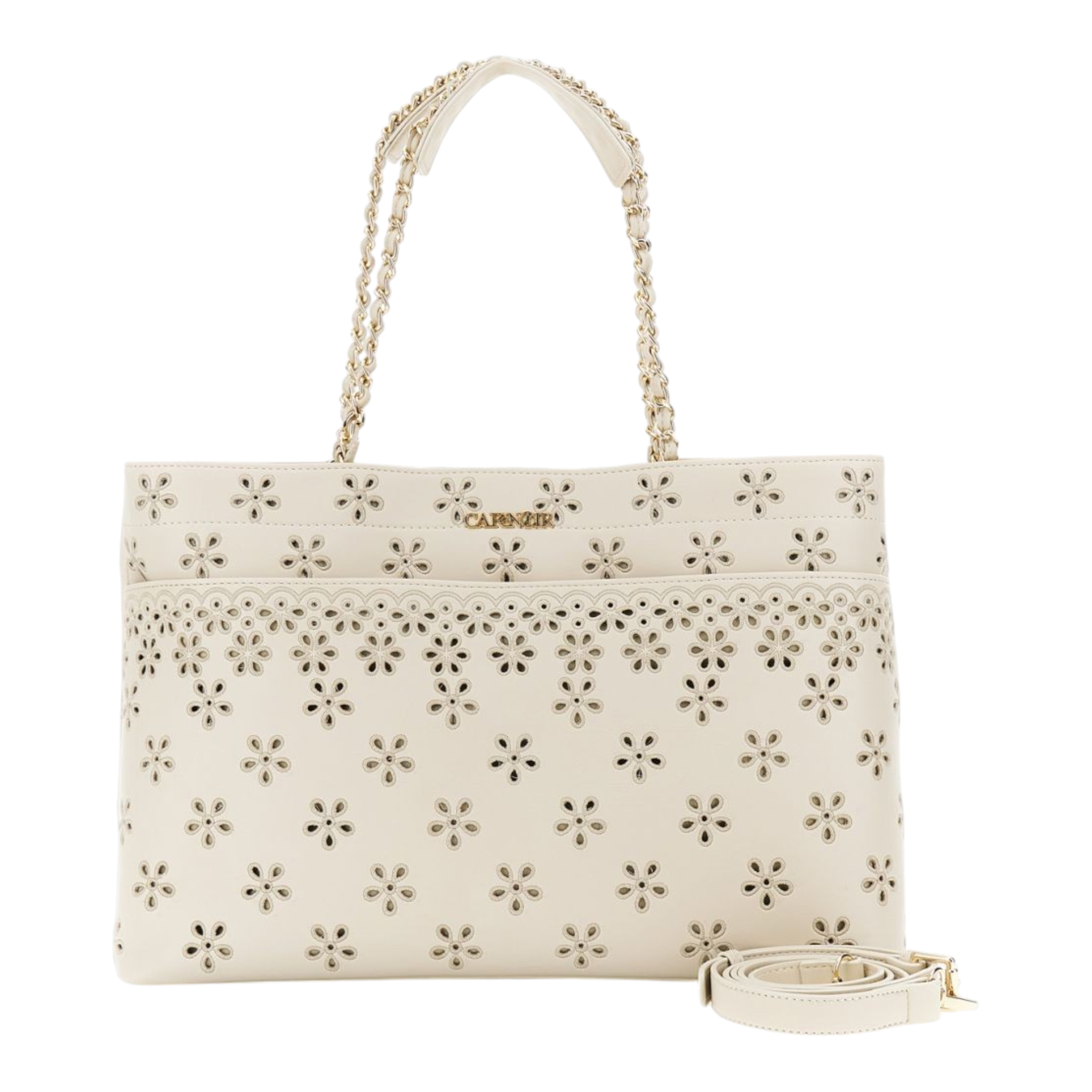 SHOPPING BAG MORBIDA EFFETTO NAPPA CON RICAMO SANGALLO E TASCA FRONTALE BEIGE