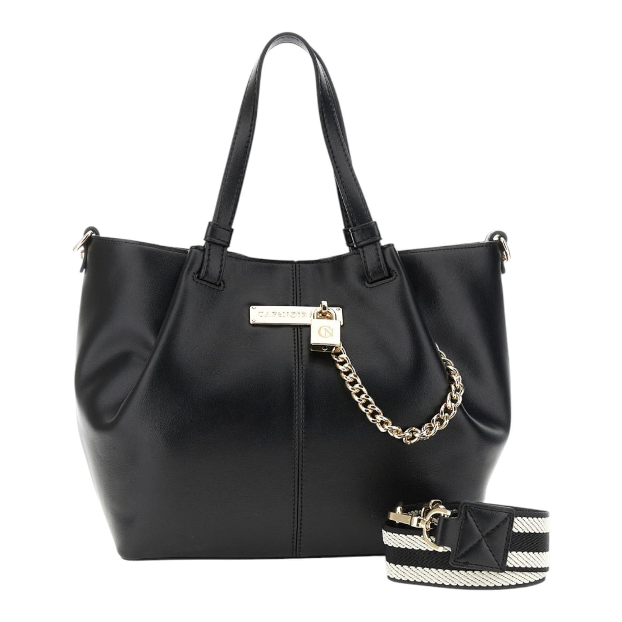 SHOPPING BAG EFFETTO PELLE ACCESSORIO IN METALLO CON LUCCHETTO E CATENA NERO