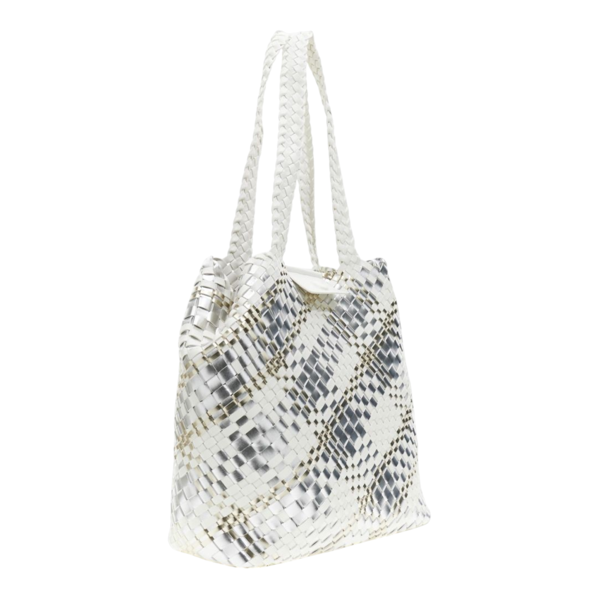 SHOPPING BAG REVERSIBILE INTRECCIATA IN MATERIALE METALLIZZATO MULTICOLOR ARGENTO /BIANCO