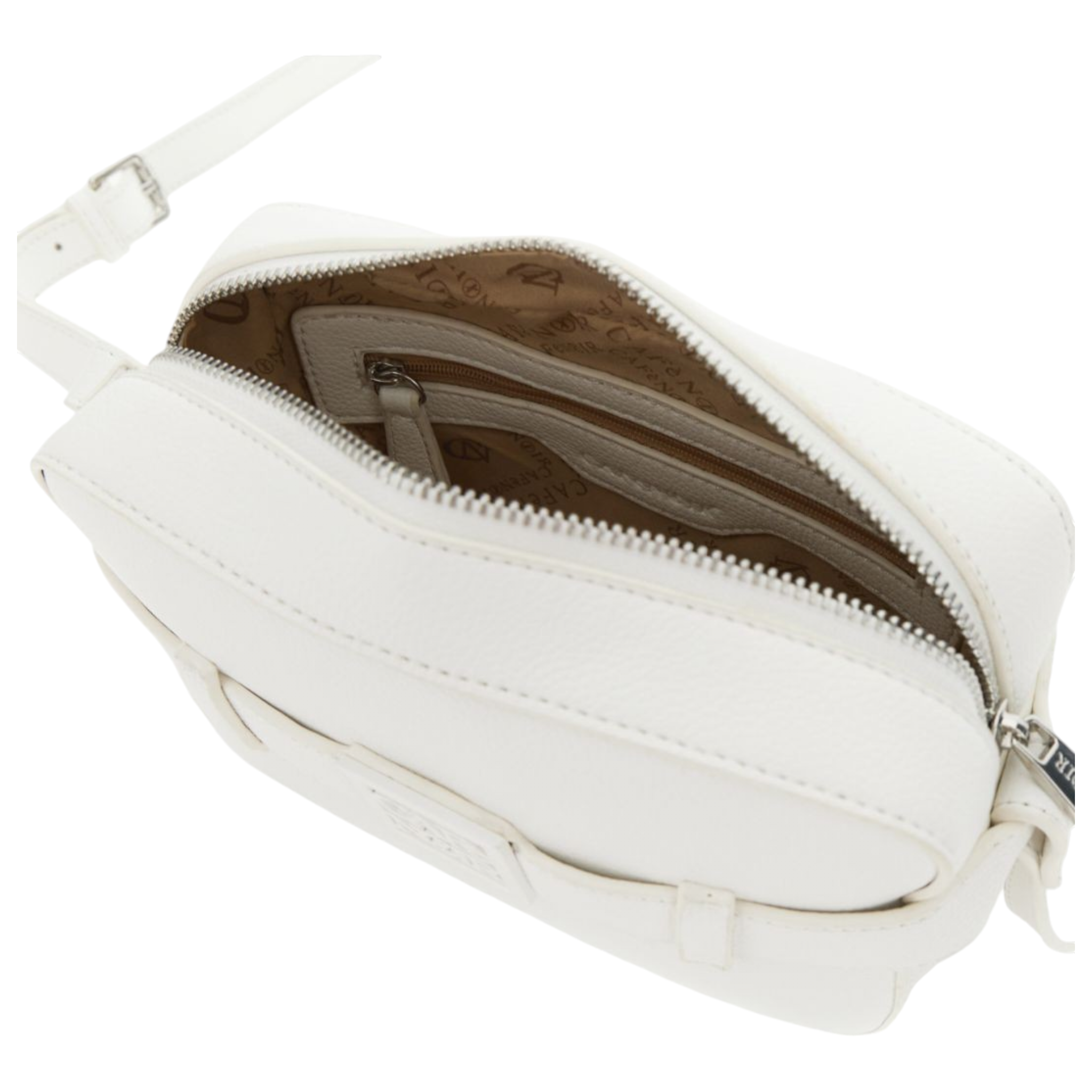 CAMERA BAG EFFETTO PELLE MARTELLATA E MOTIVO A CINTURA CON ACCESSORIO LOGATO AVORIO