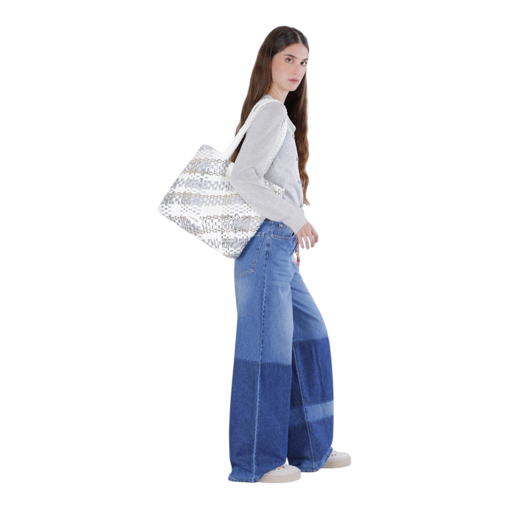 SHOPPING BAG REVERSIBILE INTRECCIATA IN MATERIALE METALLIZZATO MULTICOLOR ARGENTO /BIANCO